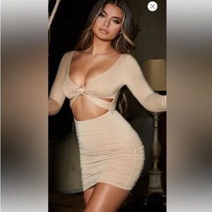 OhPolly Love Me Knot Ruched Long Sleeve Beige Dress 8